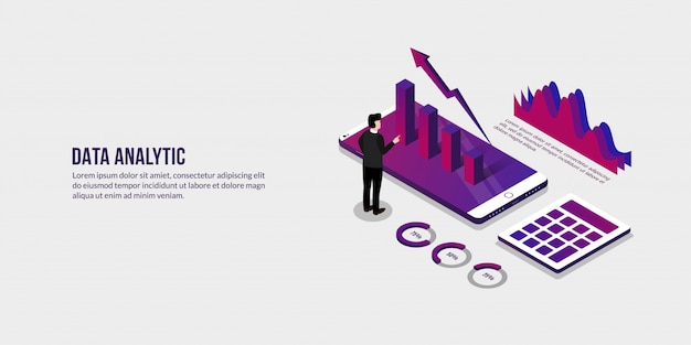 Empresario con elementos de concepto analítico de datos isométricos
