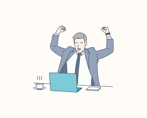 Empresario emocionado por el logro en la ilustración de diseño de vector de estilo dibujado a mano de negocios