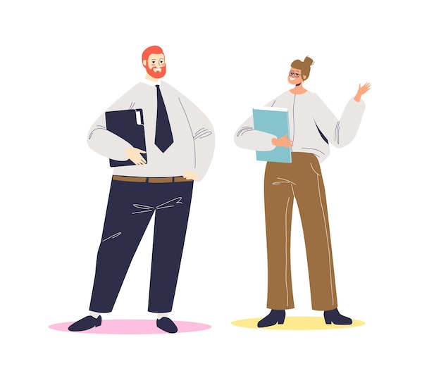 Empresario y empresaria hablando. Conversación de negocios de dos empresarios de dibujos animados. Personajes masculinos y femeninos hablando.