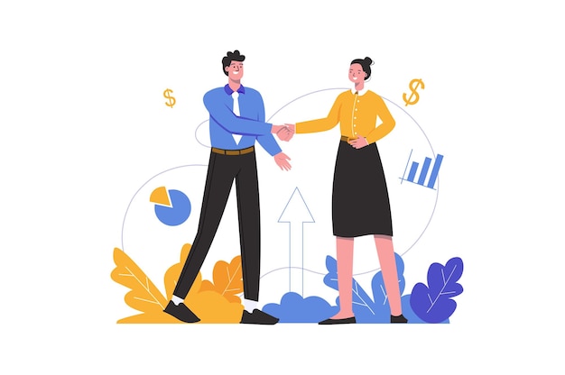 Vector el empresario y la empresaria hacen negocios. hombre y mujer se dan la mano, escena de gente aislada. concepto de cooperación, asociación e inversión. ilustración de vector de diseño plano minimalista