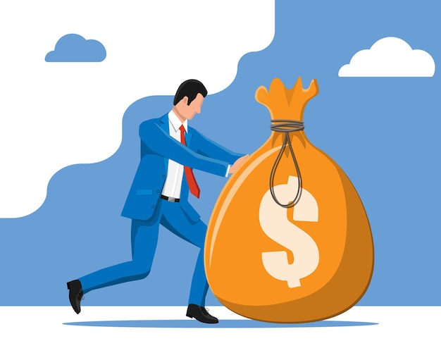 Empresario empujando una gran bolsa llena de dinero. Hombre de negocios con gran saco pesado lleno de dinero en efectivo. Crecimiento, ingresos, ahorro, inversión. Símbolo de riqueza. Éxito en el negocio. Ilustración de vector de estilo plano.