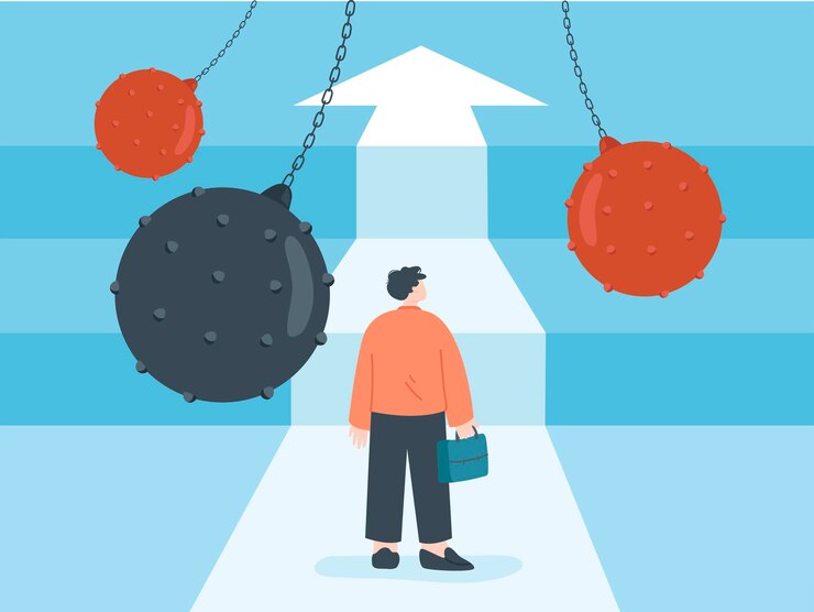 Vector empresario encontrando obstáculos ilustración vectorial plana. empleado intrépido que supera las barreras en su camino hacia el éxito. desafío empresarial, competencia, concepto de ambición