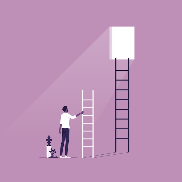 Empresario con escalera mirando a la ventana en la pared Símbolo de desafío y motivación