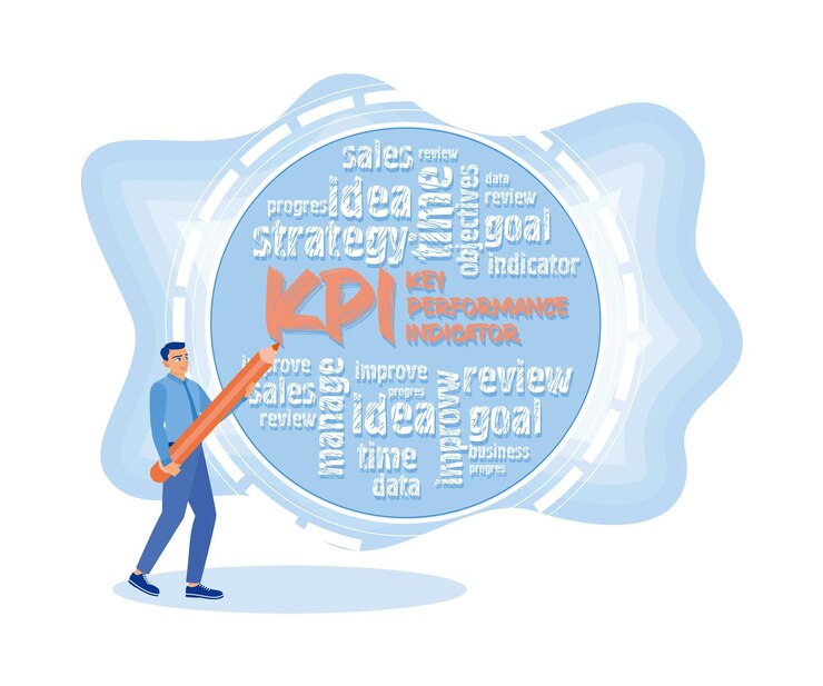 Vector empresario escribiendo indicadores clave de rendimiento nube de palabras en la pantalla concepto de kpi inteligente