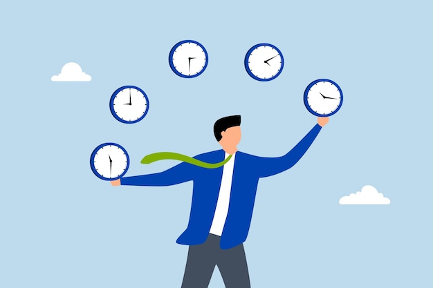 Empresario especialista en gestión de la seguridad del tiempo que equilibra el reloj en horas variables