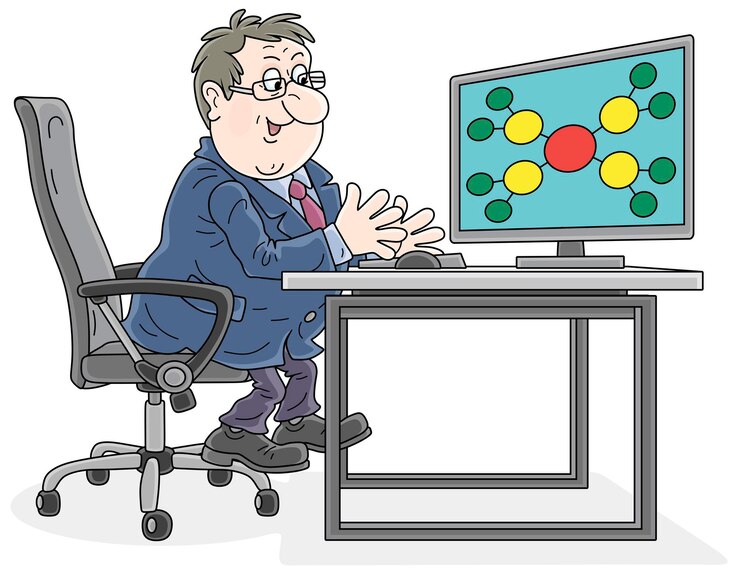 Vector empresario con un esquema piramidal de mercadeo en red en un monitor de computadora