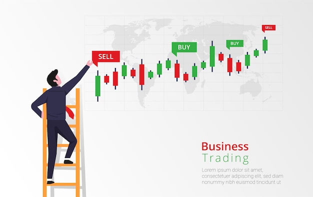 El empresario está subiendo una escalera con el objetivo de ver y analizar la inversión del gráfico de barras. Indicadores de compra y venta en el gráfico del gráfico de velas. Ilustración de comercio de negocios