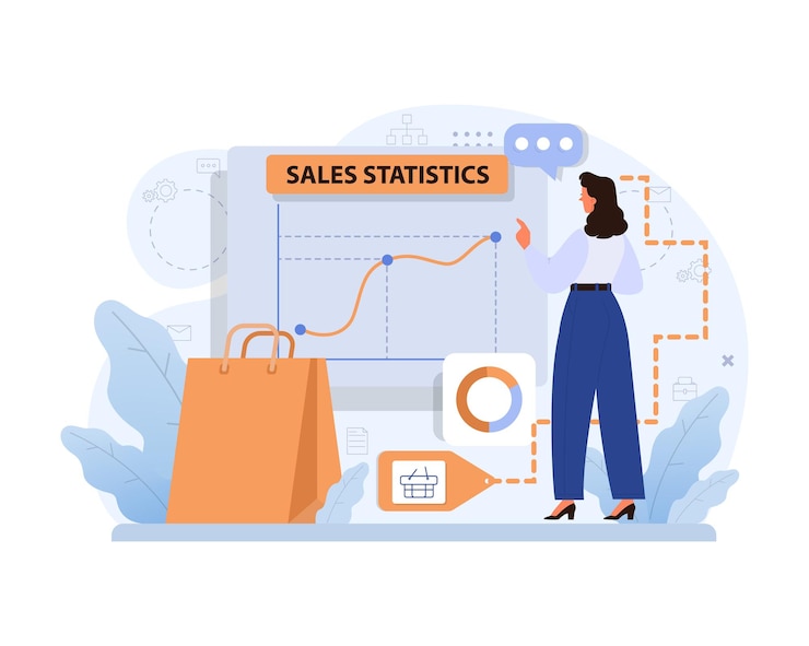 Vector empresario de estore y comercio electrónico que vende bienes y obtiene ganancias en la plataforma de comercio digital