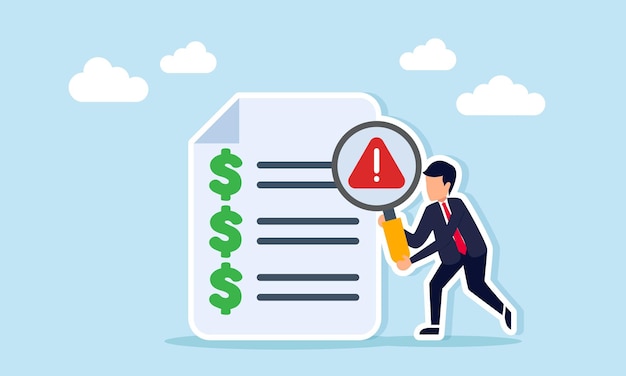 Empresario examinando un documento con una lista de dólares usando una lupa marcada con atención Ilustración de precaución sobre el presupuesto para lograr una condición financiera estable de la empresa
