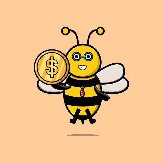 Empresario exitoso de abeja con imagen de vector de dibujos animados de moneda de oro