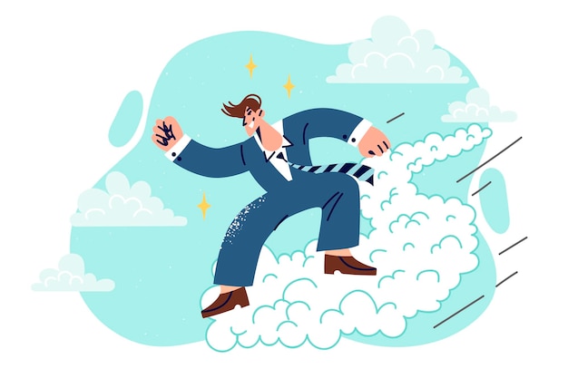 El empresario exitoso corre en el cielo logrando el triunfo en la carrera corporativa se encuentra en el camino de las nubes
