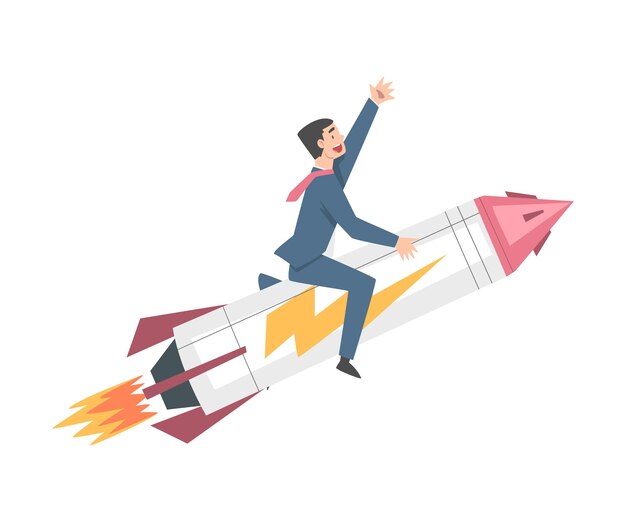 Empresario exitoso montando un cohete Liderazgo Ventaja competitiva Startup Concepto de negocio Ilustración vectorial de estilo de dibujos animados