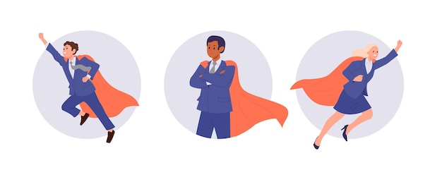 Empresario exitoso y mujer de negocios personaje de dibujos animados en superhéroe capa composición redonda conjunto empresario gerente de oficina sintiéndose exitoso poderoso y confianza vector ilustración