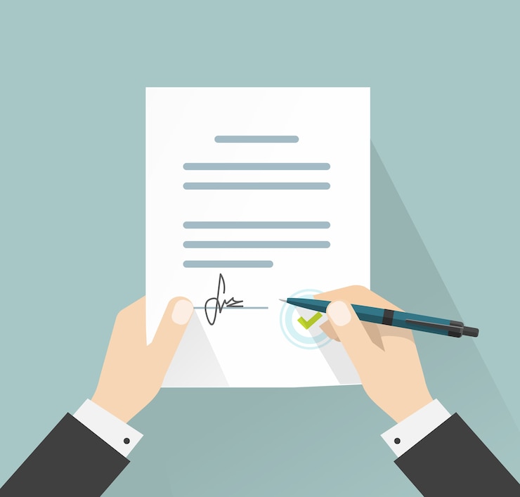 Vector empresario firma contrato de acuerdo de documento con la ilustración de la pluma