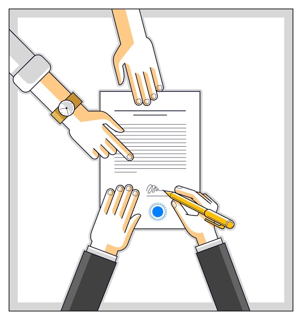 El empresario firma un documento de contrato en papel o el cliente del banco escribe un letrero en forma financiera de crédito monetario y el empleado lo ayuda y explica los términos del préstamo, vista superior de las manos de la gente. Vector.