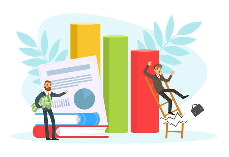 Vector empresario fracasado que cae de una escalera rota fracaso empresarial error de trabajo bancarrota ilustración conceptual vectorial