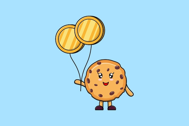 Empresario de galletas de dibujos animados lindo flotando con ilustración de vector de dibujos animados de globo de moneda de oro