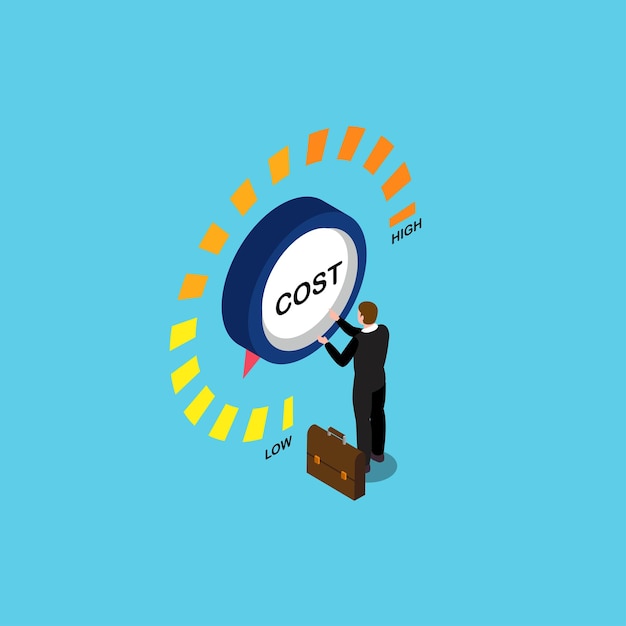 Empresario girando el dial de costo a un bajo