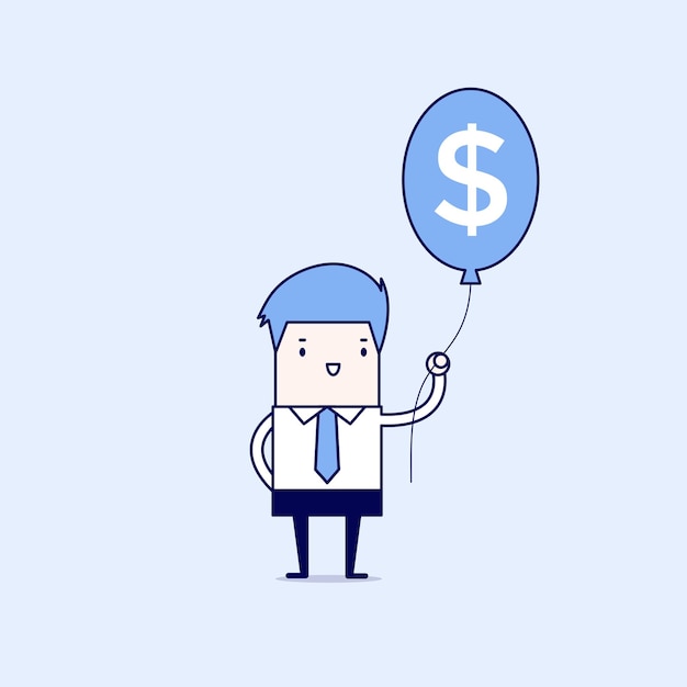 Empresario con globo de signo de dólar de dinero Vector de estilo de línea delgada de personaje de dibujos animados