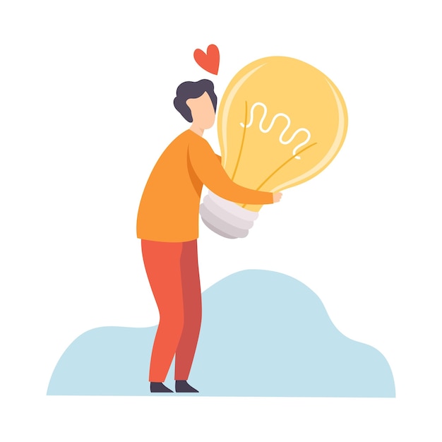 Empresario con una gran bombilla brillante Hombre con una buena idea Tormenta de ideas Innovación Creatividad Concepto Ilustración vectorial sobre fondo blanco