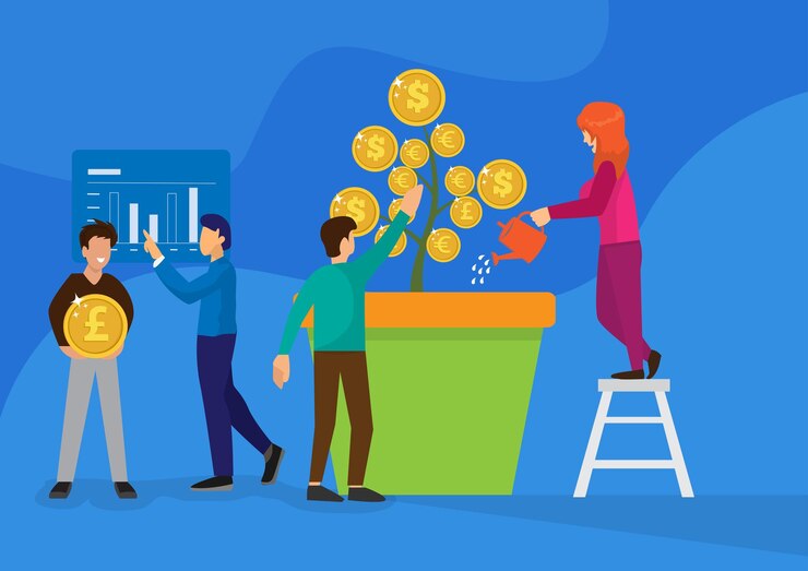 Vector empresario hablando e invirtiendo en empresas en crecimiento en finanzas e inversión imagen vectorial
