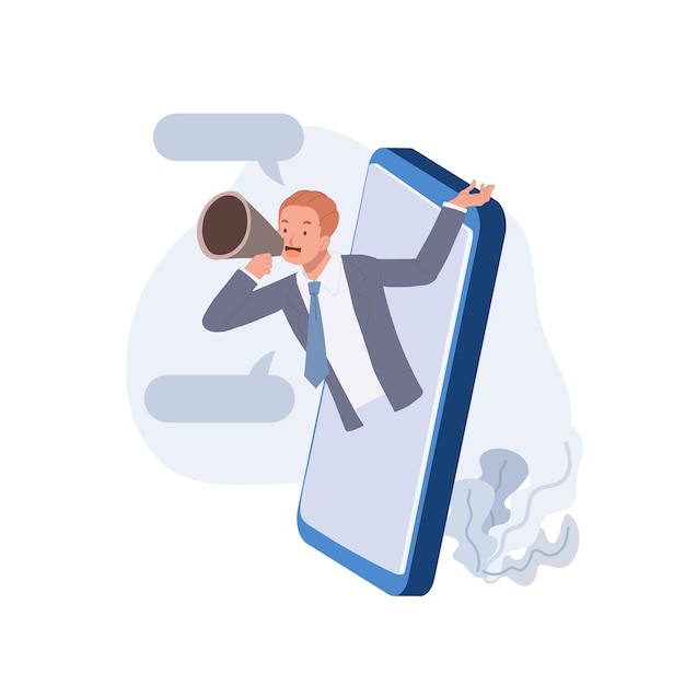 Empresario hablando en un megáfono a través de la pantalla del teléfono El concepto de publicidad de marketing digital Ilustración vectorial