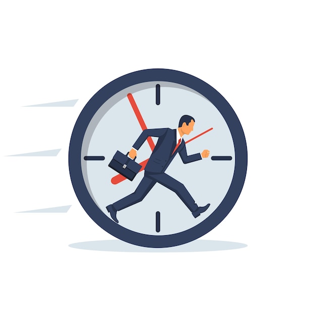 Empresario huyendo en reloj. Controlar el tiempo. Diseño plano de ilustración vectorial. Aislado en el fondo. Trabajo de tiempo completo. Humano en traje de corbata con maletín. trabajo sin fin Concepto de negocio.