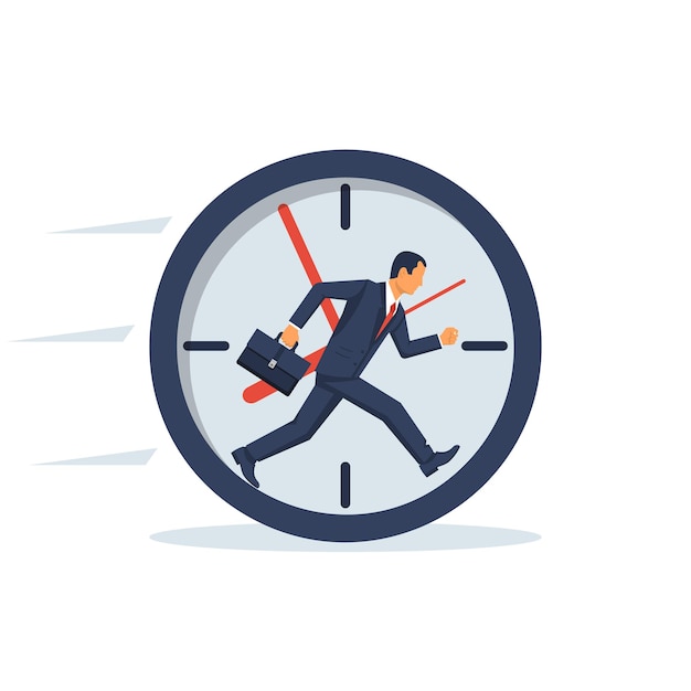 Vector empresario huyendo en reloj. controlar el tiempo. diseño plano de ilustración vectorial. aislado en el fondo. trabajo de tiempo completo. humano en traje de corbata con maletín. trabajo sin fin concepto de negocio.