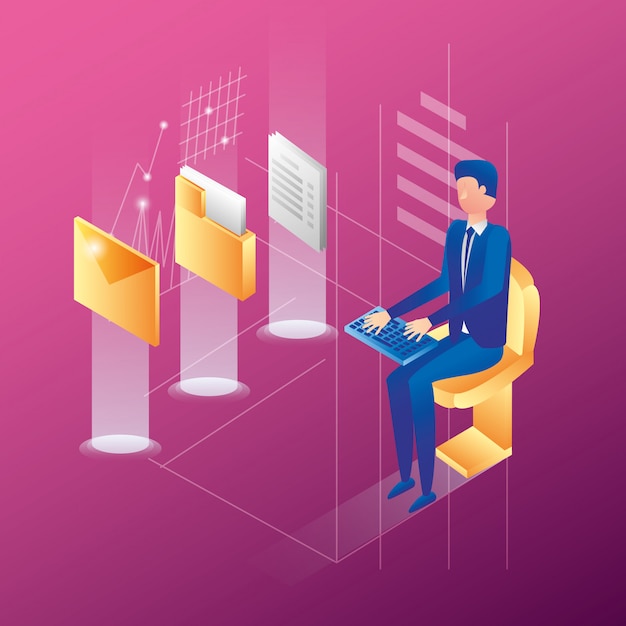 Empresario con iconos de red del centro de datos