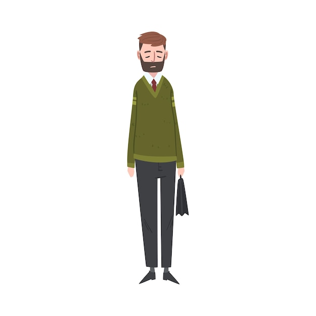 Empresario infeliz de pie con maleta Estresado Trabajador de oficina masculino Personaje Cansado o agotado Gerente Ilustración vectorial