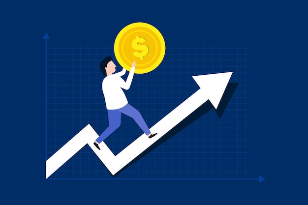 El empresario inversor lleva la moneda de oro sube sube el gráfico