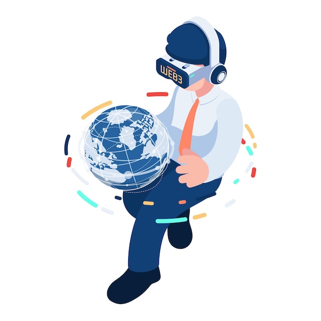 Empresario isométrico con auricular de realidad virtual sosteniendo la web 30 World Globe