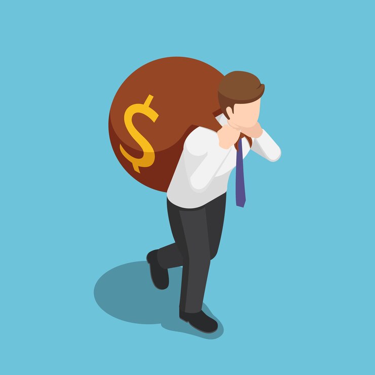 Vector el empresario isométrico plano 3d lleva una gran bolsa de dinero en la espalda. concepto de éxito y finanzas empresarial.