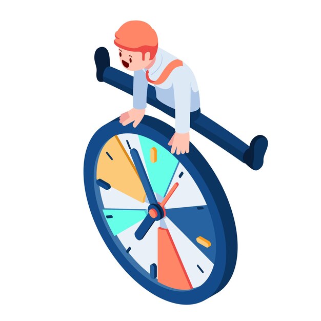 Empresario isométrico plano 3d saltando sobre el concepto de gestión del tiempo del reloj