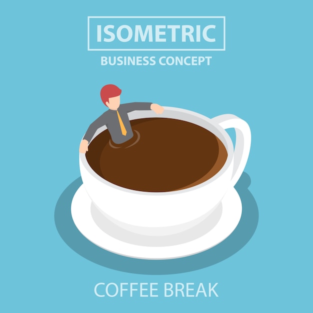 Vector empresario isométrico relajante en una taza de café
