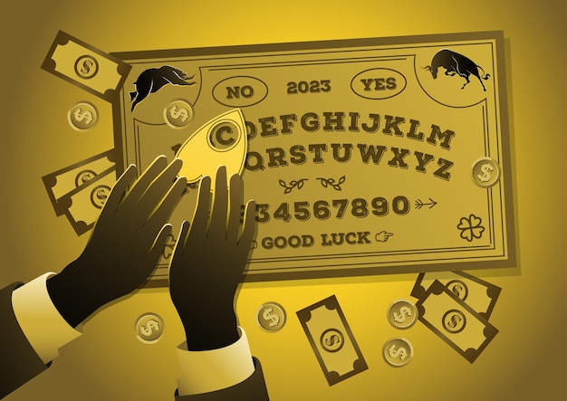 Empresario jugando un juego Ouija para ver un próximo mercado