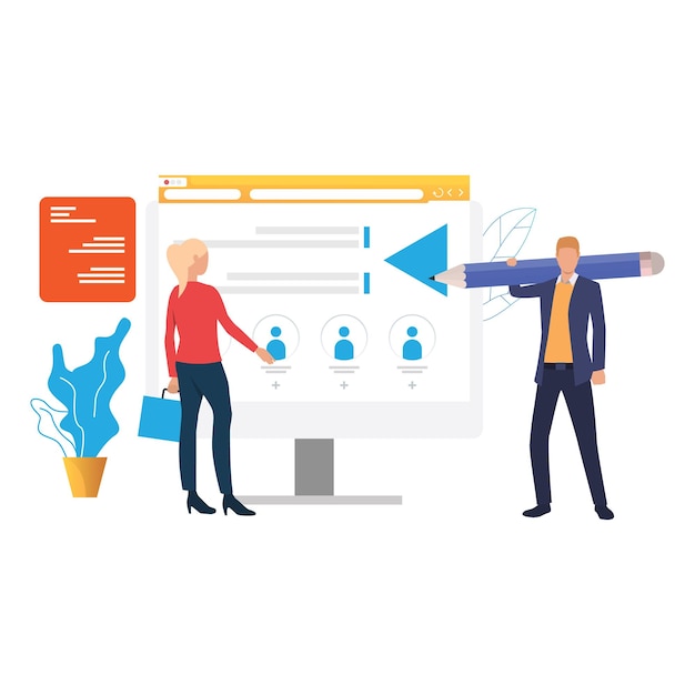 Empresario con lápiz y empresaria de pie en la computadora