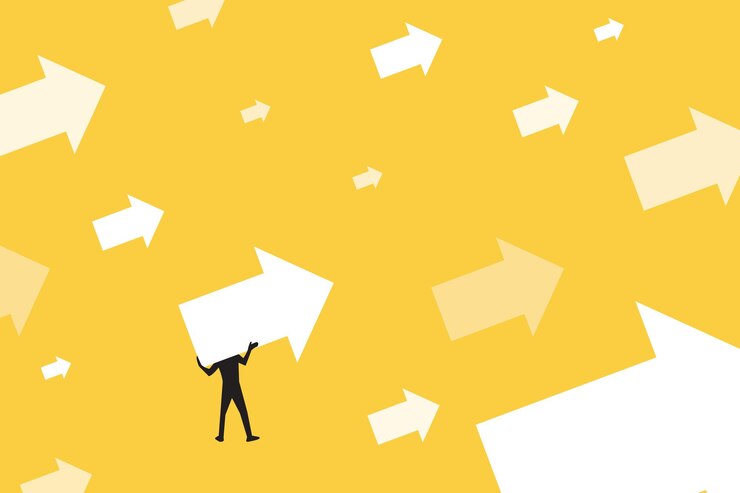 Vector empresario levantando la flecha concepto de crecimiento creciendo hacia el éxito ganando o aumentando la habilidad del empleado hacia la victoria o el desarrollo para lograr el éxito tendencia rendimiento o motivación
