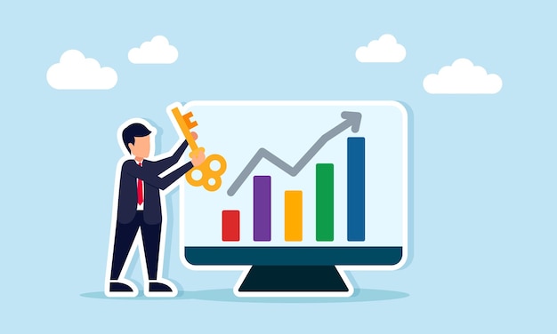 Empresario con la llave al lado del monitor que muestra un gráfico ascendente que representa la solución de mejora del rendimiento empresarial