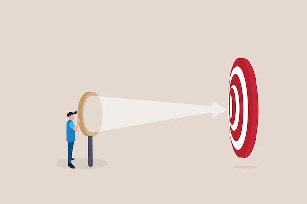 Empresario con magnificación mirando hacia arriba objetivo o concepto de meta de búsqueda de objetivo de negocio o meta oportunidad misión para lograr descubrir propósito o encontrar estrategia para alcanzar la meta