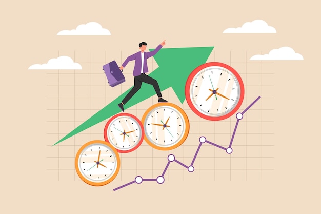 Empresario con maleta caminando usando varios relojes y subiendo siguiendo la flecha y el gráfico Horario y concepto de planificación Ilustraciones vectoriales planas aisladas