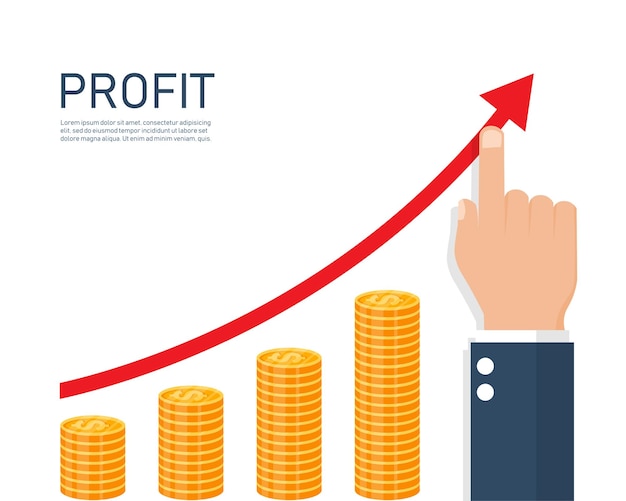 Empresario mano apuntando gráfico flecha aumento financiero Pila de dólares y concepto de crecimiento de ganancias