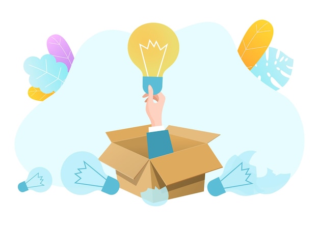 Empresario mano asimiento innovación idea bombilla creativo negocio problema solución plano vector ilustración aislado en blanco