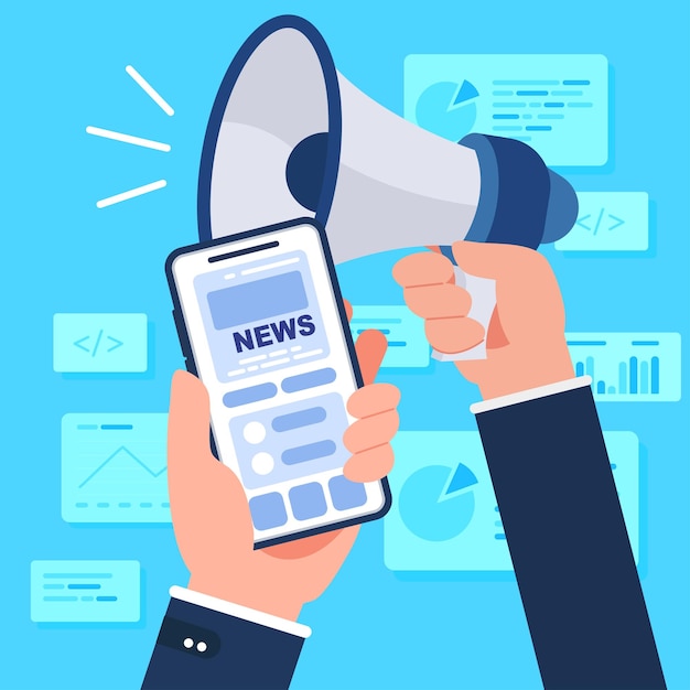 empresario manos con noticias difusión información de publicidad concepto de diseño para las redes sociales