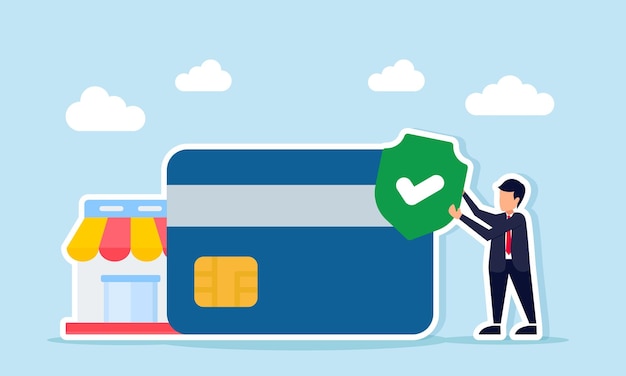 Empresario con una marca de comprobación cerca de una tarjeta de crédito o débito y una ilustración de una tienda de un sistema de pago comercial de confianza