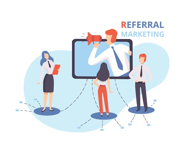 Empresario de marketing de referencia gritando en el megáfono estrategia del programa de referencia referir a un amigo