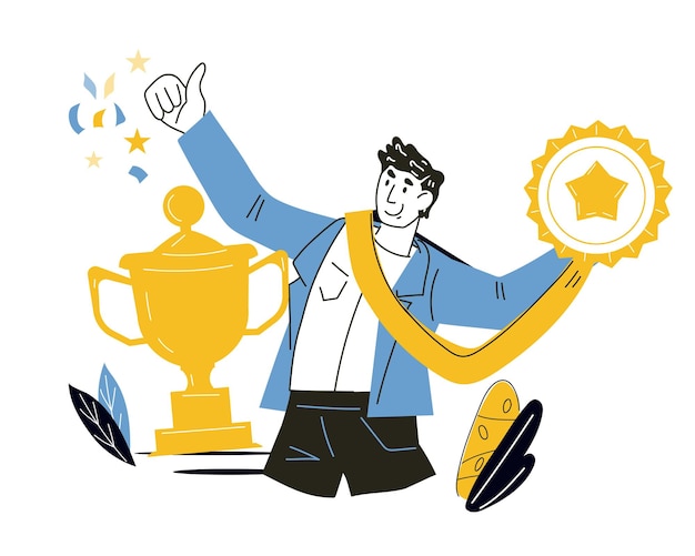Empresario con medalla y copa de trofeo El exitoso ganador recibe un premio
