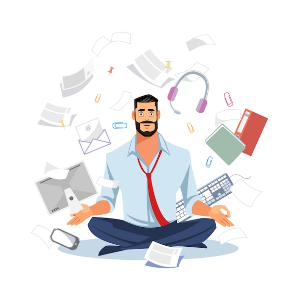 Empresario meditando en Vector plano de caos de trabajo