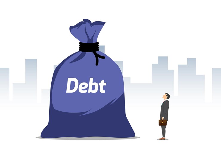 Empresario mirando una gran bolsa de deuda. Ilustración de vector de carga de deuda.