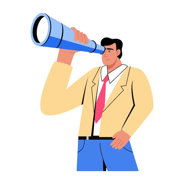 Empresario mirando a través de un telescopio en busca de oportunidades futuras